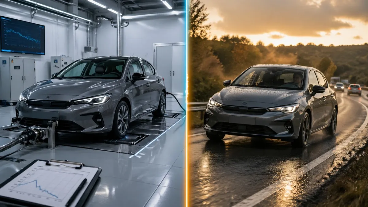 Coche en banco de pruebas WLTP a la izquierda y en carretera real a la derecha mostrando el contraste entre consumo homologado y consumo RDE.