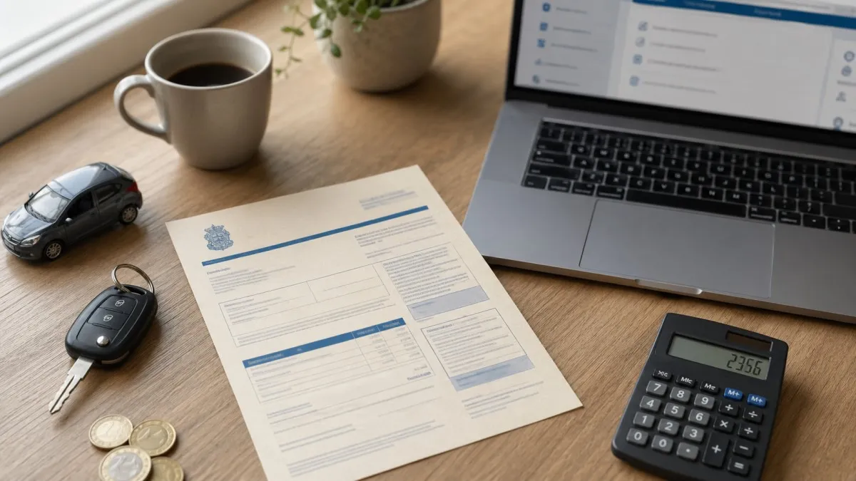 Documento del Impuesto sobre Vehículos de Tracción Mecánica con llaves de coche y calculadora sobre un escritorio de madera