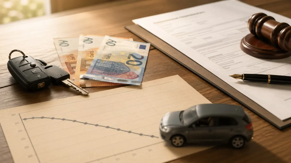 Llaves de coche, billetes de euro y un gráfico de depreciación sobre un escritorio de madera junto a un contrato de compraventa